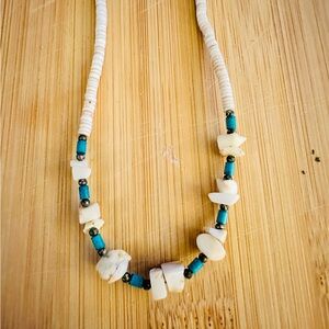 Vintage Heishi Shell Necklace White Shell Turquoise Color Beads Boho 16”